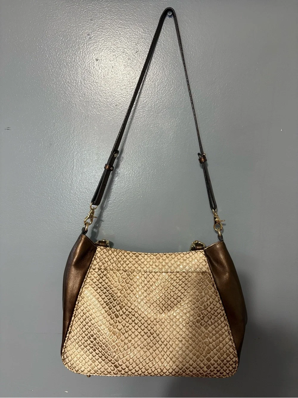 Brahmin Beige Brown Embossed Animal Print Shoulder Bag Zip Gold Dust Bag